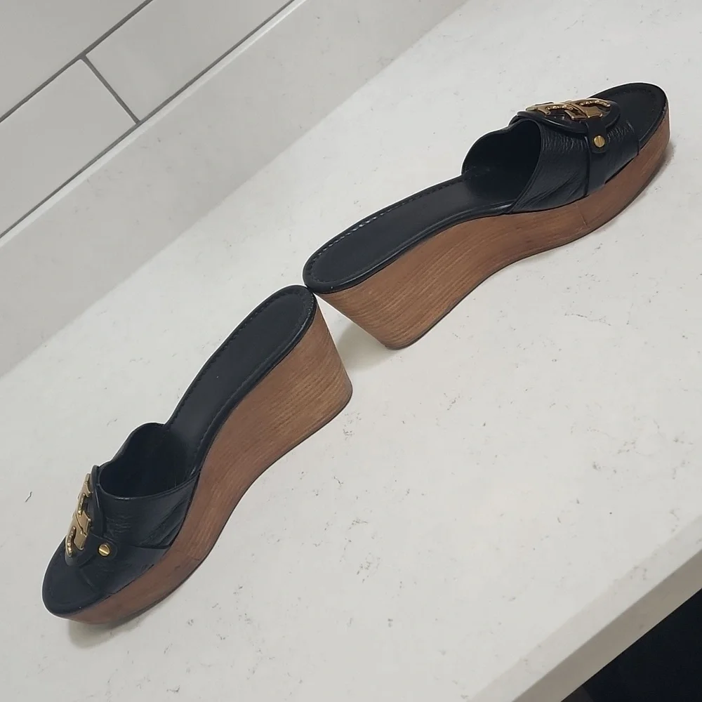 Tory Burch Black Wedges with Gold Logo - Picture 2 of 6